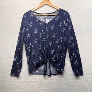 Loft Outlet Blue V-neck Floral Tie FrontTop, Navy Blue, Size SMALL